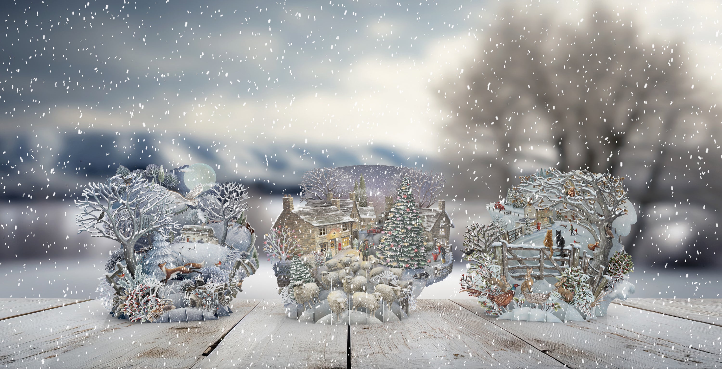 Three Winter Scene Pop Up Christmas Cards