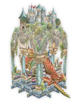 Fantasy castle with dragons and greenery on a white background pop up card