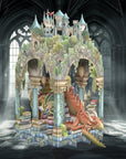 Fantasy castle with dragon in a gothic cathedral setting pop up card