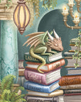 Dragon on a stack of books with a mystical ambiance from tag for pop up card