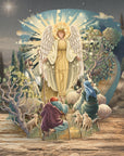Decorative angel card with shepherds and sheep on a wooden surface