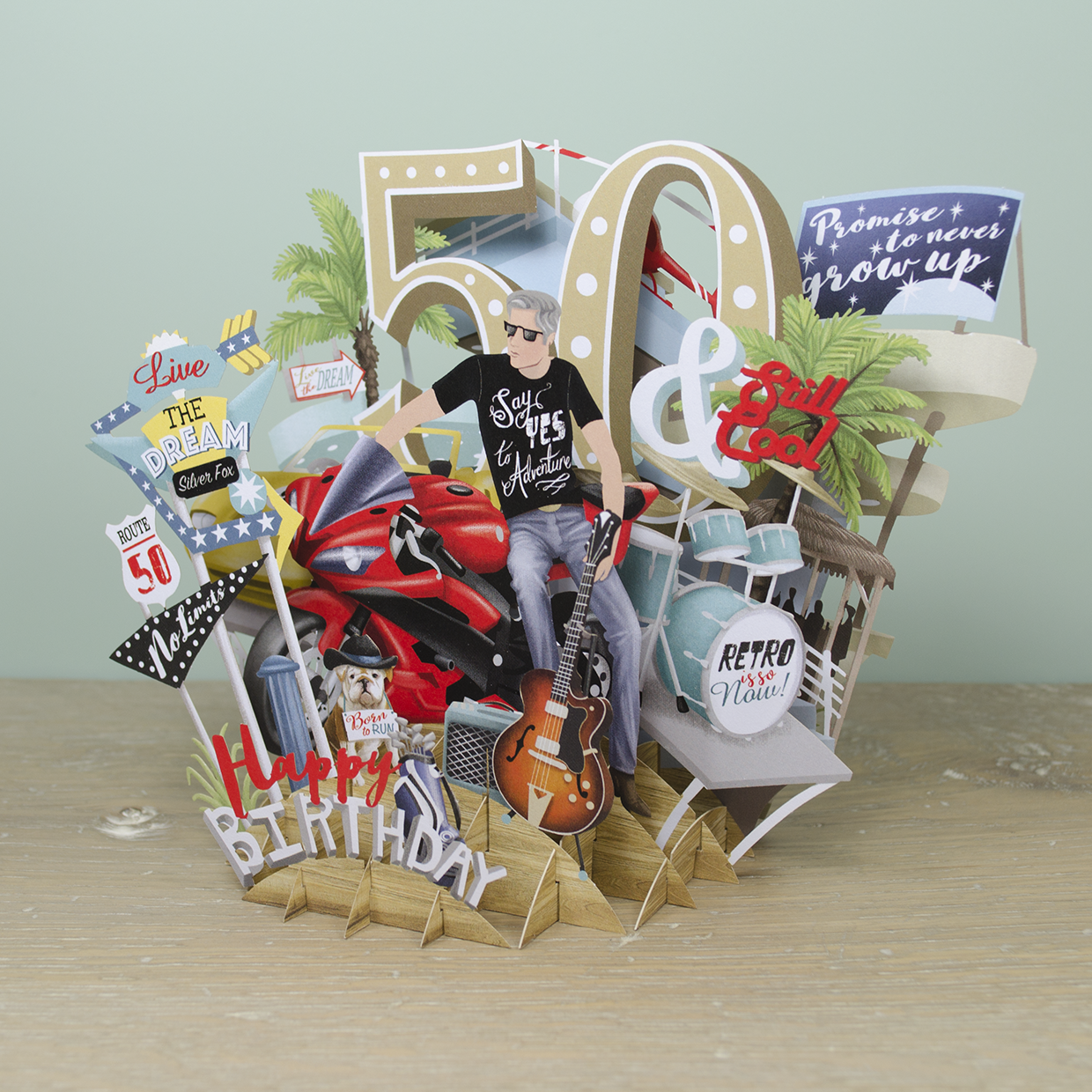 &quot;50th Birthday Man&quot; - Top of the World Pop Up Greetings Card