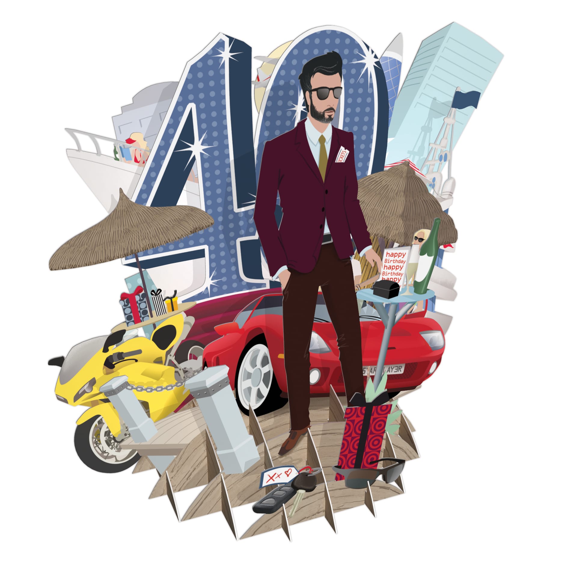 &quot;40th Birthday Man&quot; Top of the World Pop Up Greetings Card