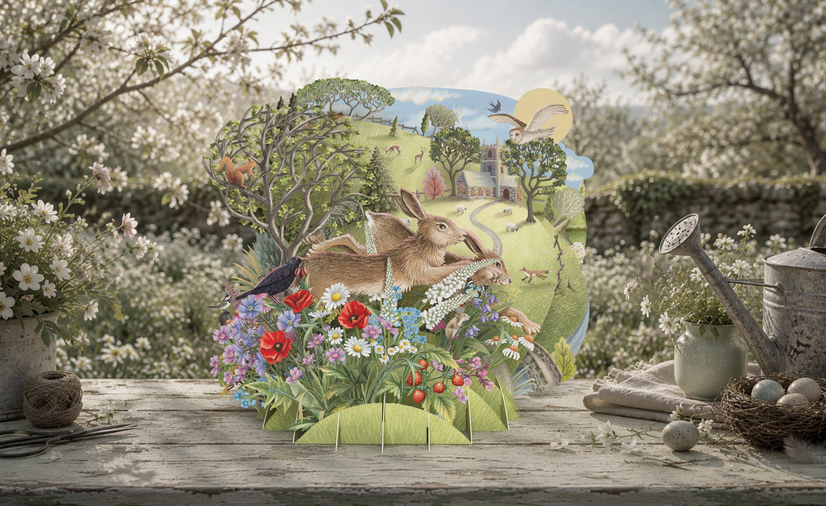 Spring Hares pop-up greetings card showing a British countryside meadow scene