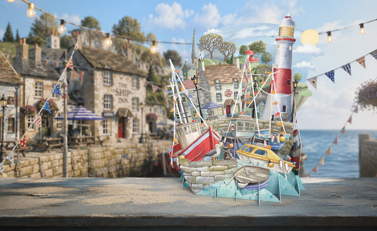 The Ship Inn pop-up greetings card showing a British fishing harbour scene