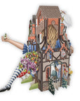 Pop-up book or toy with characters from a fantasy story, featuring a house and various figures.