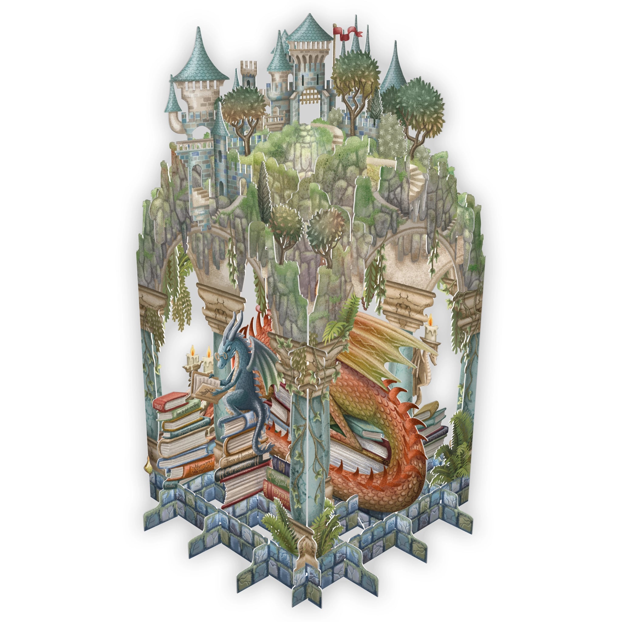 Fantasy castle with dragon and trees on a white background pop up card