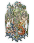 Fantasy castle with dragon and trees on a white background pop up card