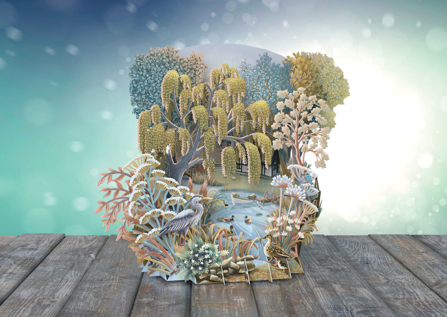 mesmerising Pop Up Card featuring a boat drifting down a dreamy riverscape. 3D Card