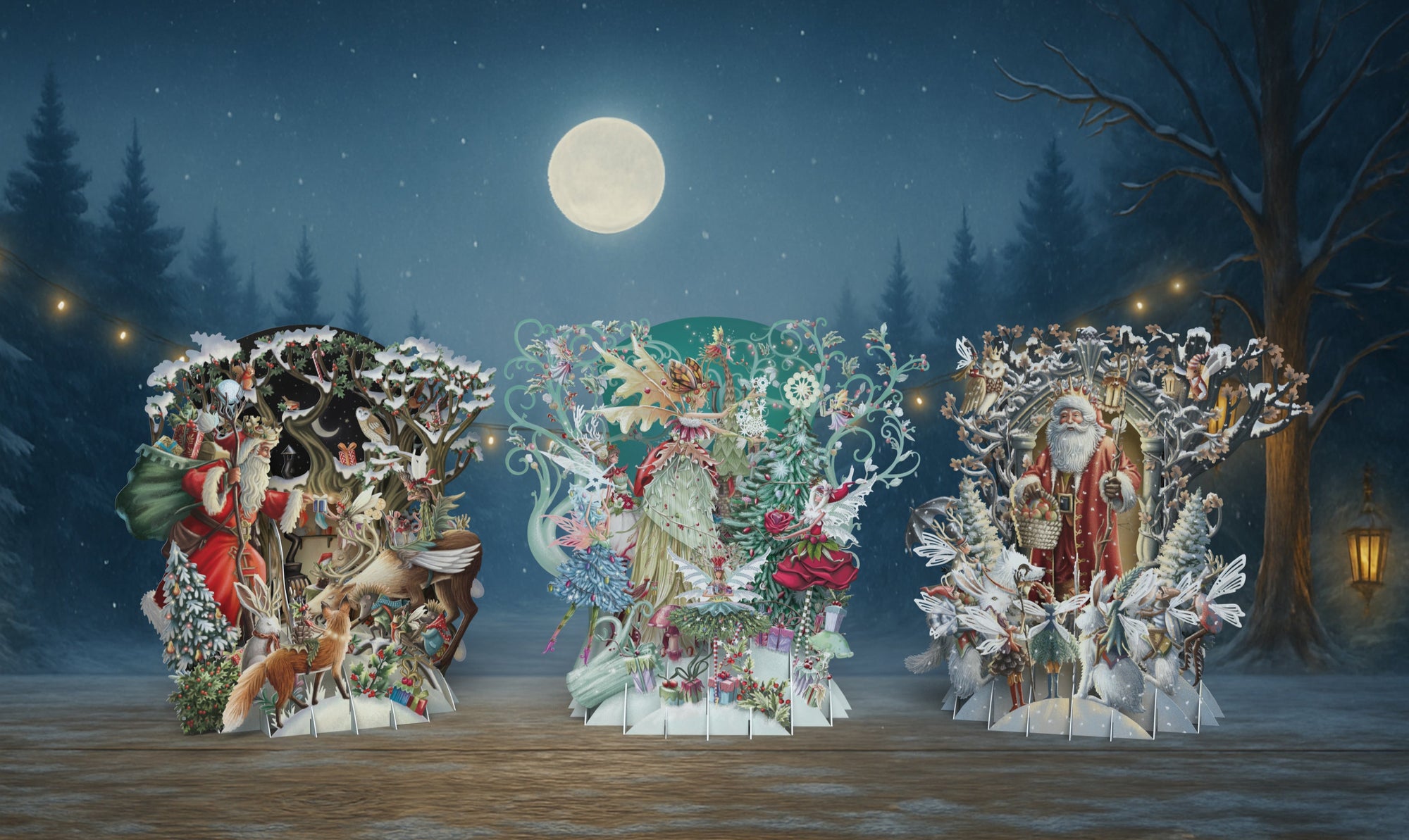 Three Pop Up winter scenes with figures against a night sky with moon and trees.