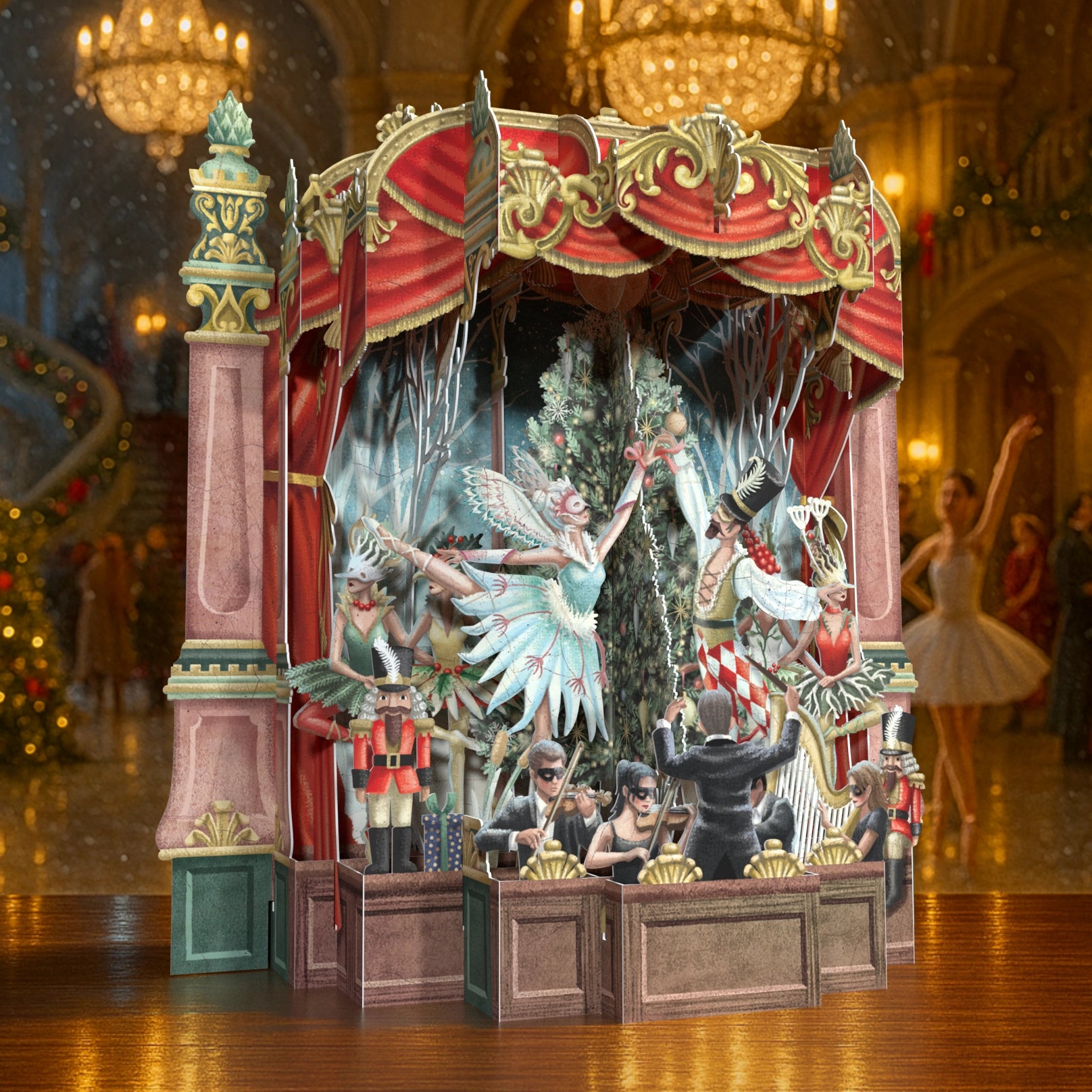 Decorative Christmas Pop Up Card scene with fairy and Nutcracker figures in a festive setting.