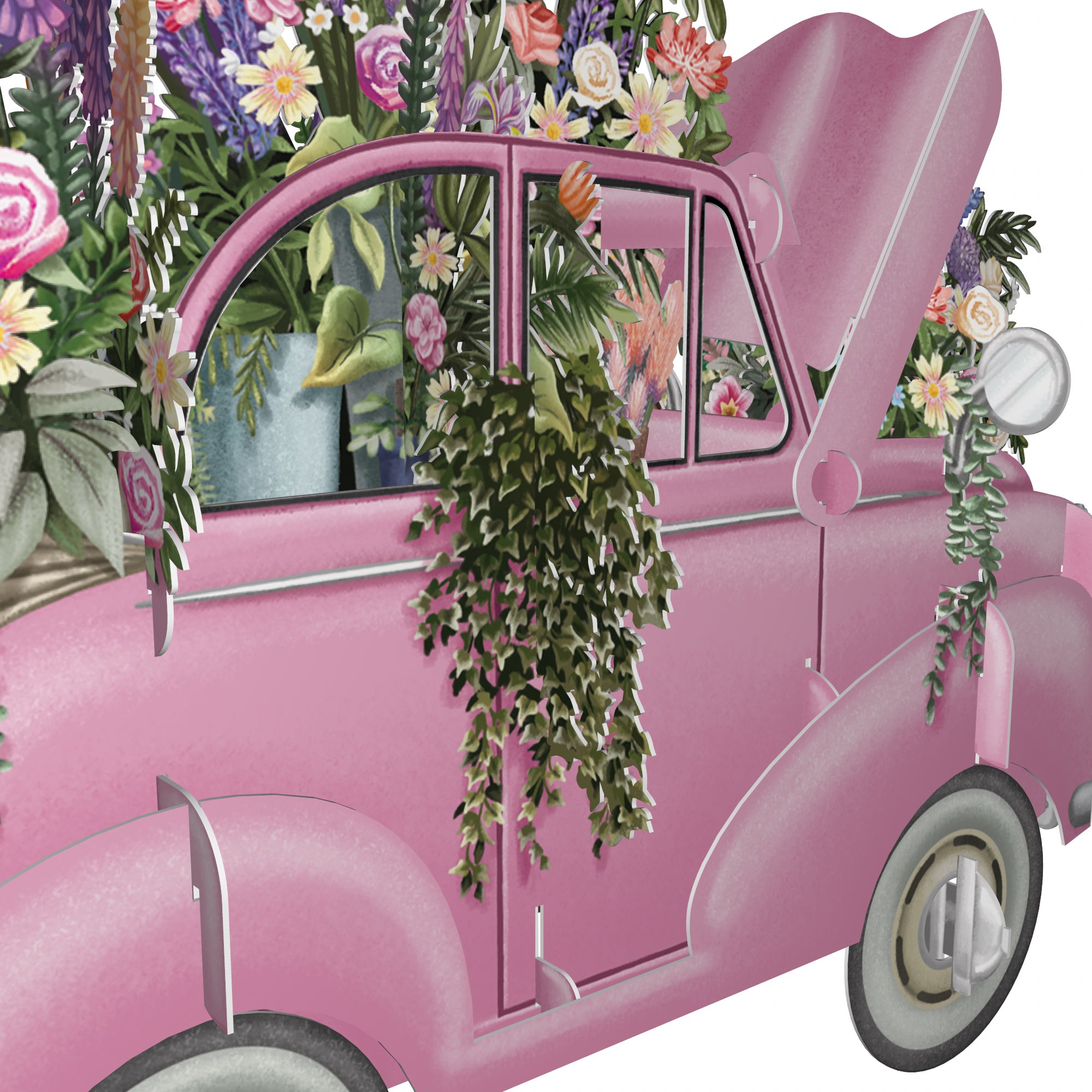 &quot;The Pink Flower Car Wedding&quot; - 3D Pop Up Greetings Card