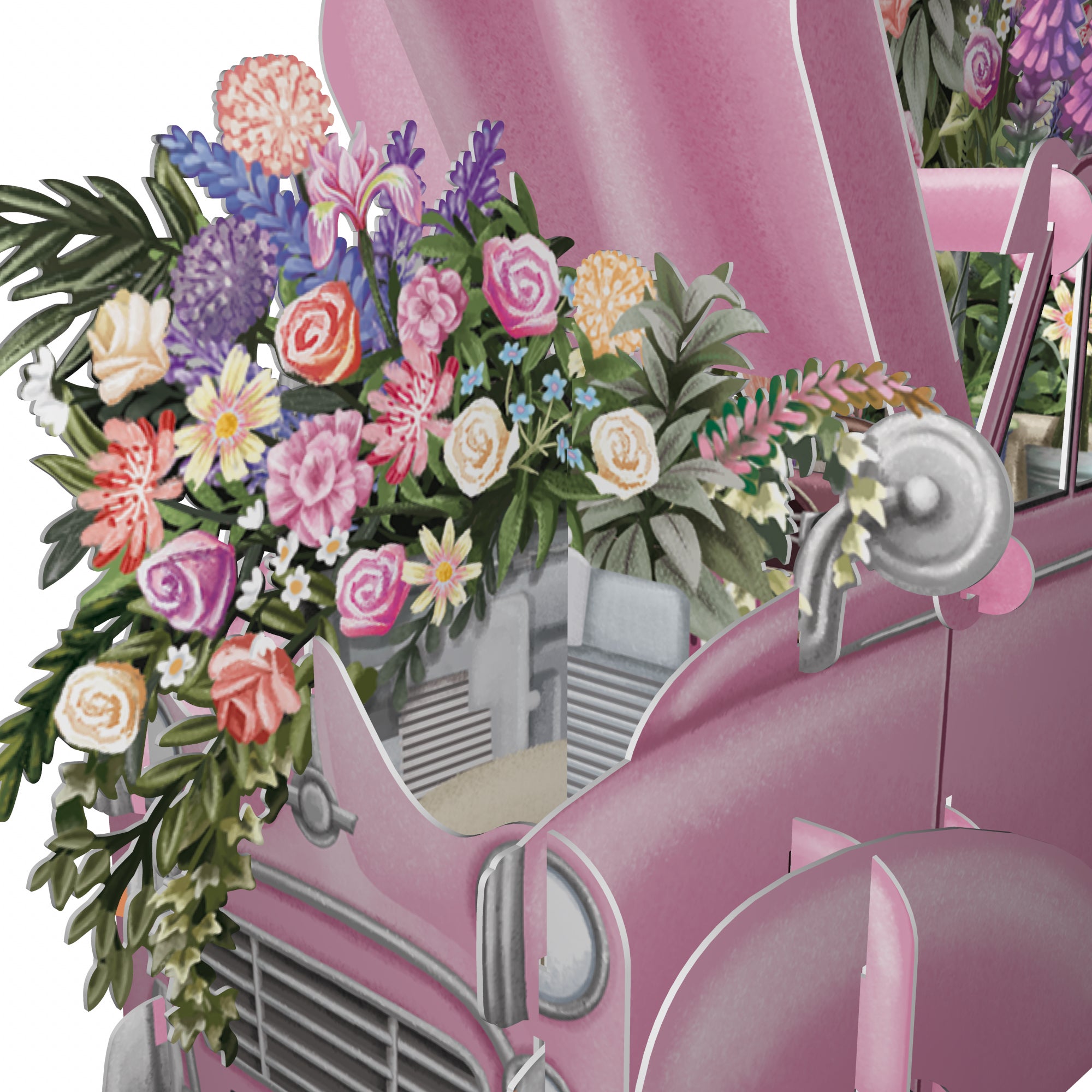 &quot;The Pink Flower Car&quot; - 3D Pop Up Greetings Card