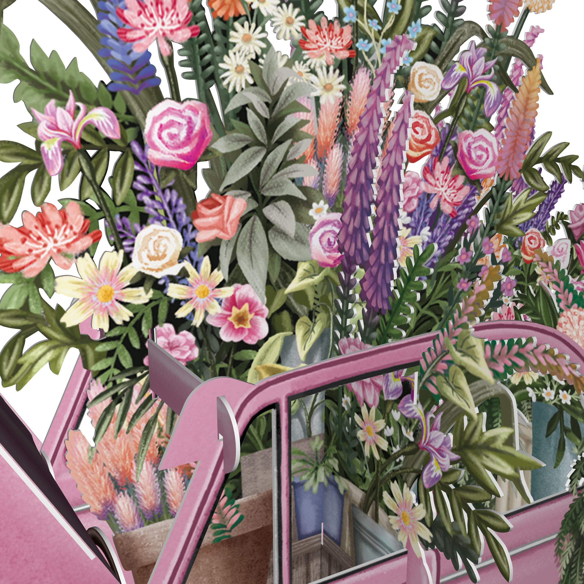 &quot;The Pink Flower Car&quot; - 3D Pop Up Greetings Card