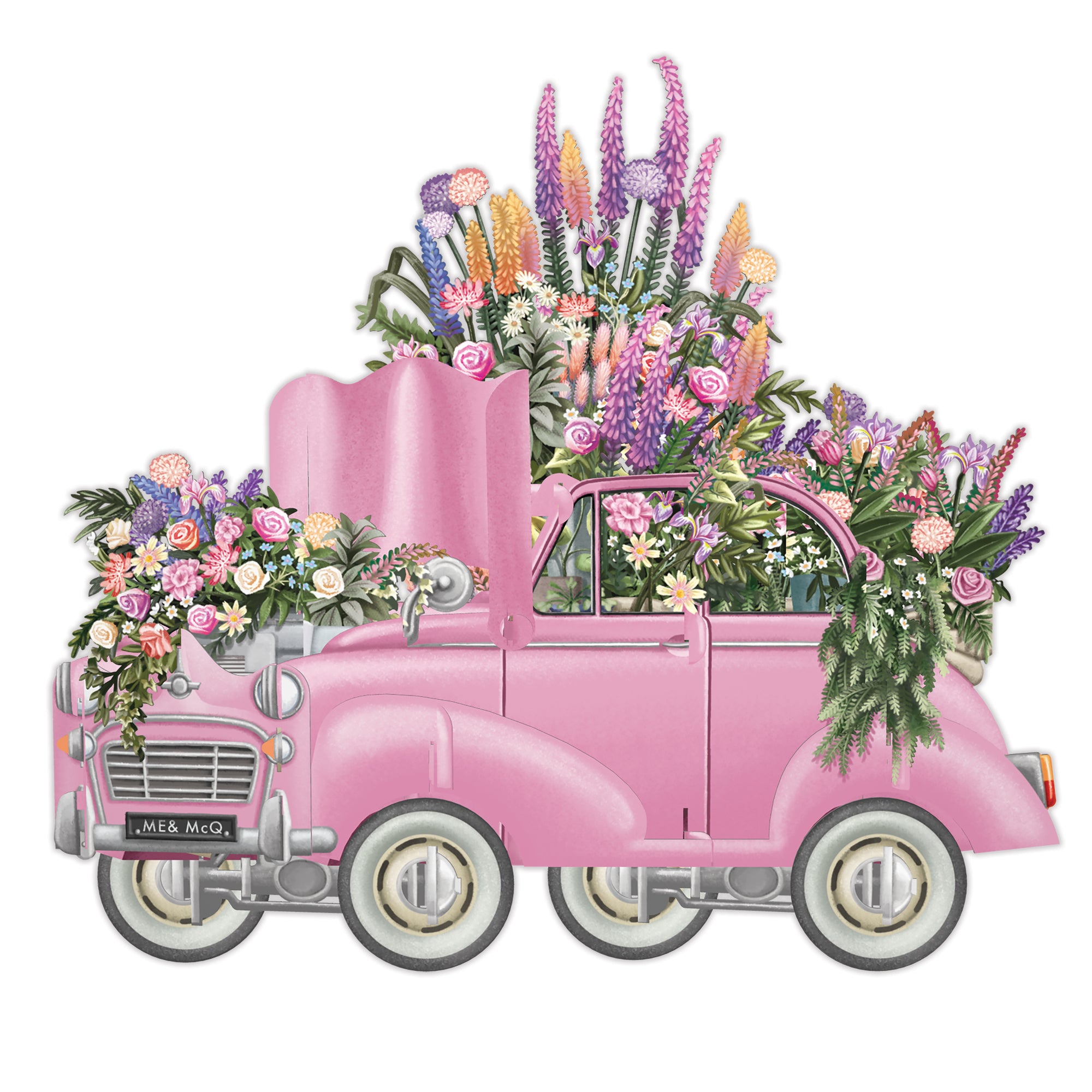 &quot;The Pink Flower Car Wedding&quot; - 3D Pop Up Greetings Card