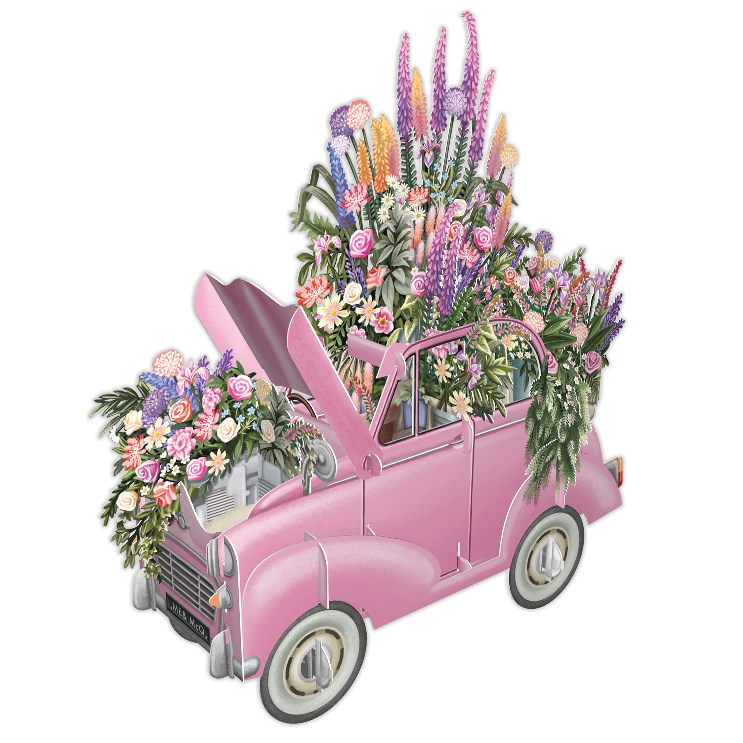 &quot;The Pink Flower Car Wedding&quot; - 3D Pop Up Greetings Card