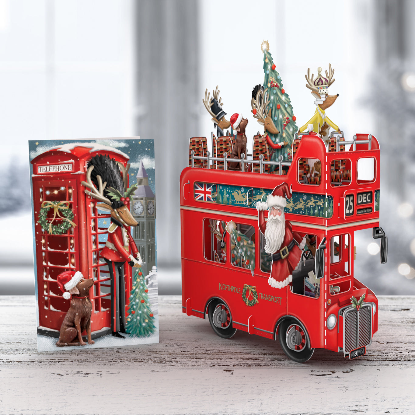 3D Pop Up Christmas Card Santa's red Bus X3D018