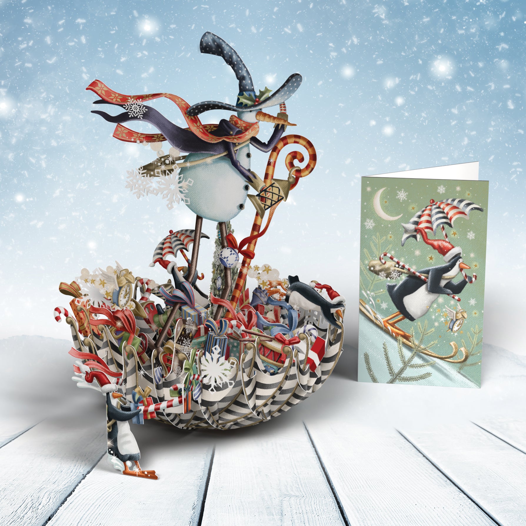 3D Pop Up Christmas Card Snowman&#39;s Umbrella