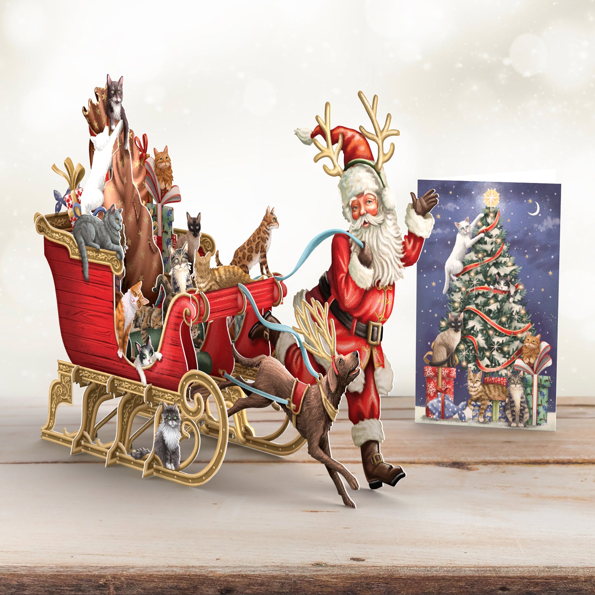 3D Pop Up Christmas Card Santa's Cat Sleigh
