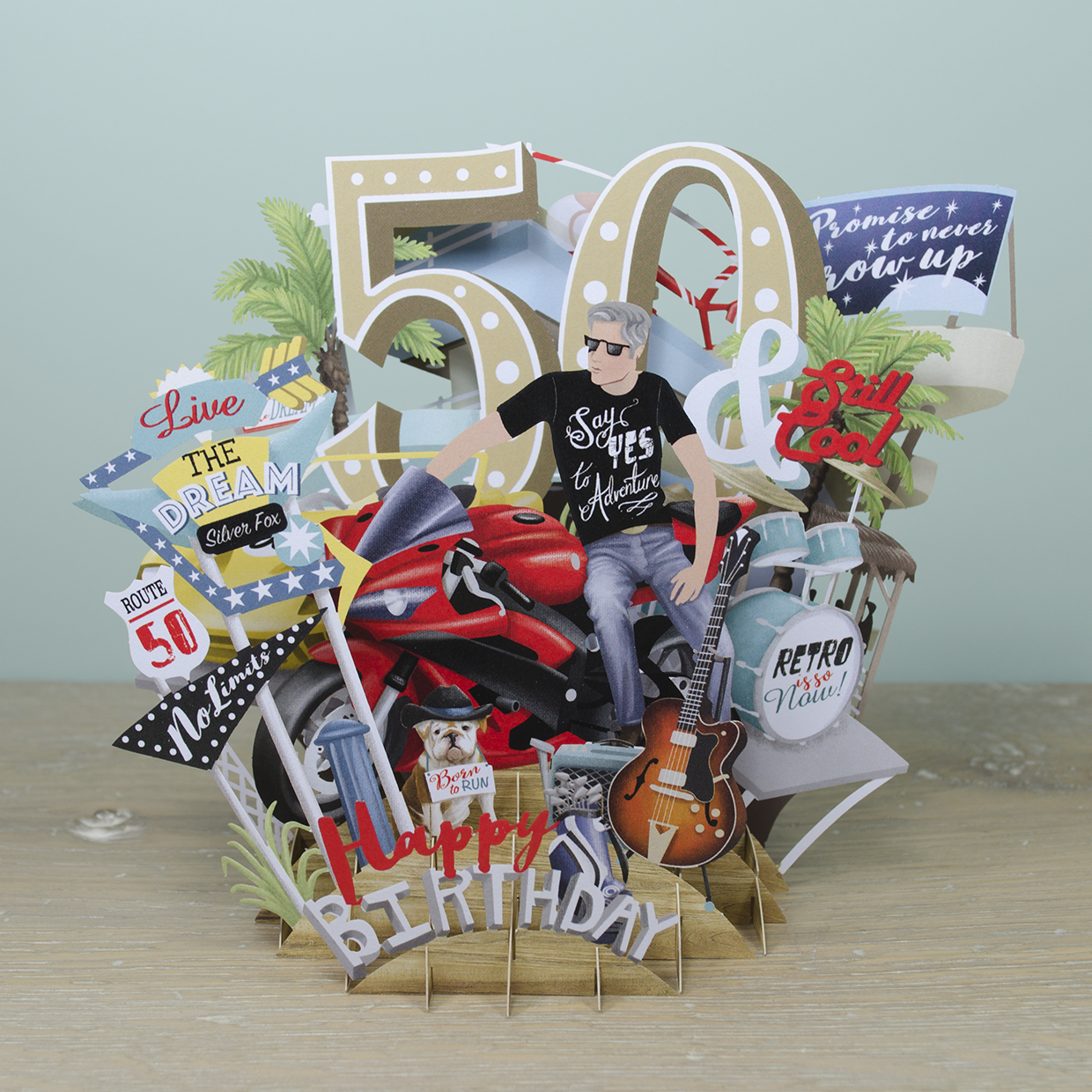 &quot;50th Birthday Man&quot; - Top of the World Pop Up Greetings Card