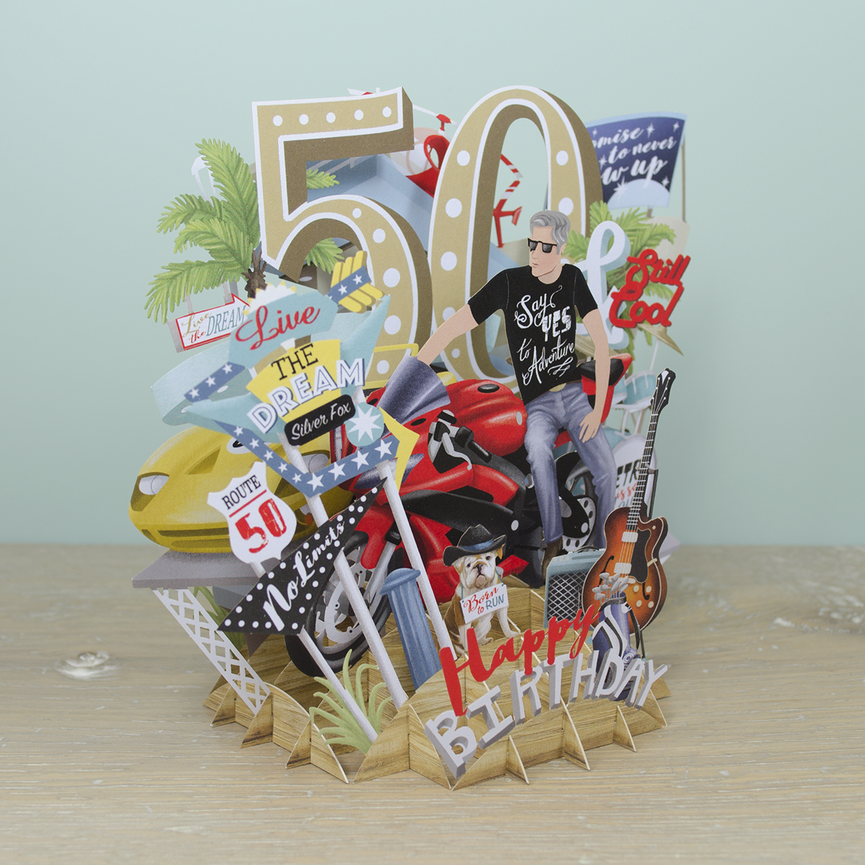 &quot;50th Birthday Man&quot; - Top of the World Pop Up Greetings Card