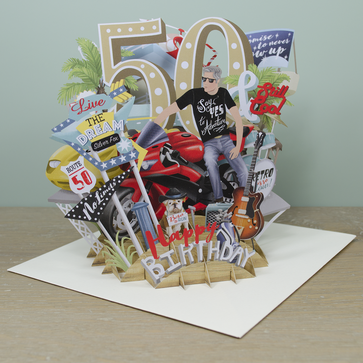 &quot;50th Birthday Man&quot; - Top of the World Pop Up Greetings Card