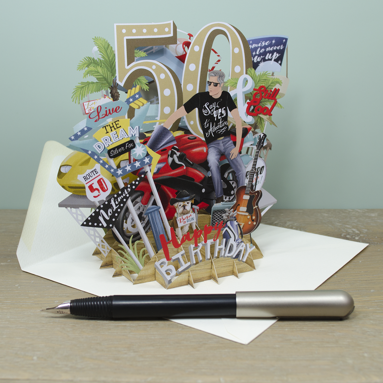 &quot;50th Birthday Man&quot; - Top of the World Pop Up Greetings Card