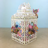 Flower Fairies play amongst flowers in laser cut paper birdcage by Me&McQ