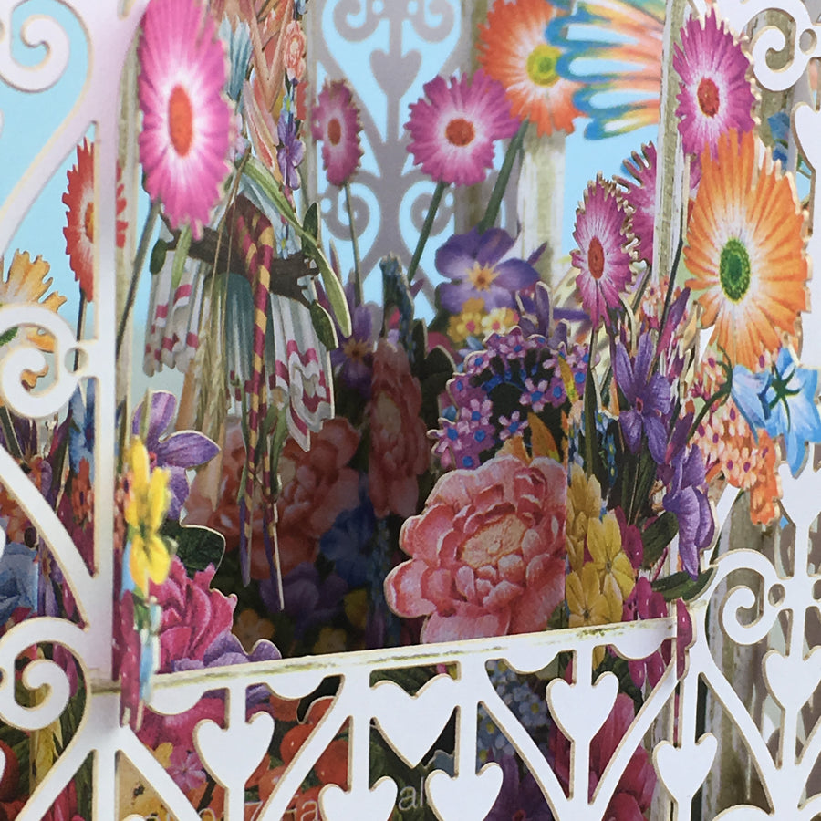 Flower Fairies play amongst flowers in laser cut paper birdcage by Me&McQ